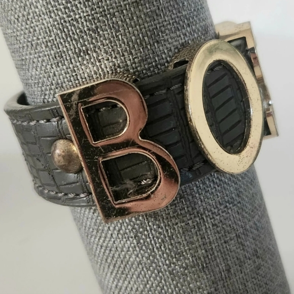 BCBGeneration BOSS Leather Cuff Bracelet Gold Tone Letter Charm BCBG Boho Snap - Picture 9 of 10
